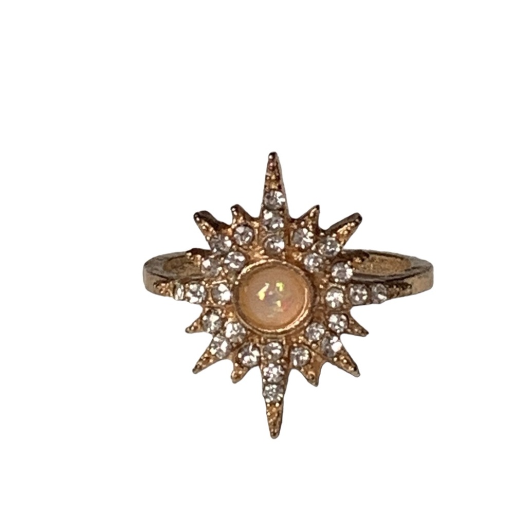 Sun Star Burst Faux Peach Opal & Clear Crystal Woman’s Fashion Ring Jewelry